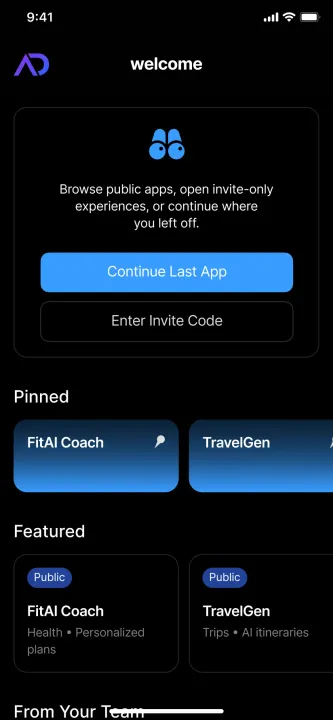 App home: continue the last app, enter an invite code, pinned and featured apps