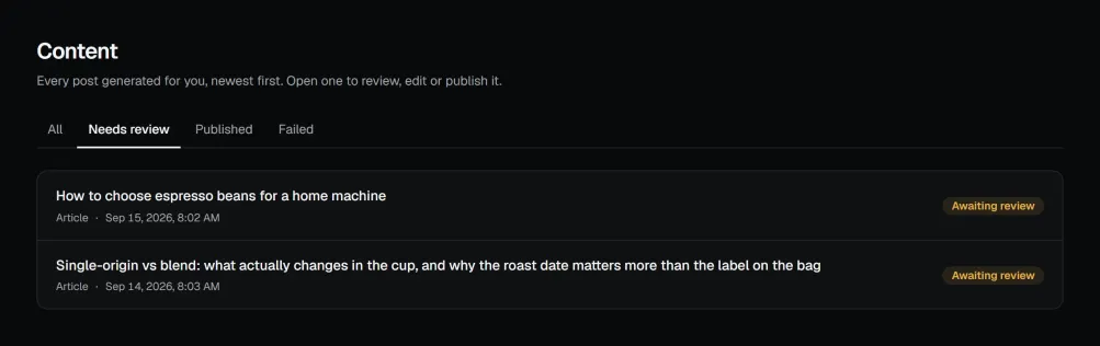 Content list with posts awaiting review