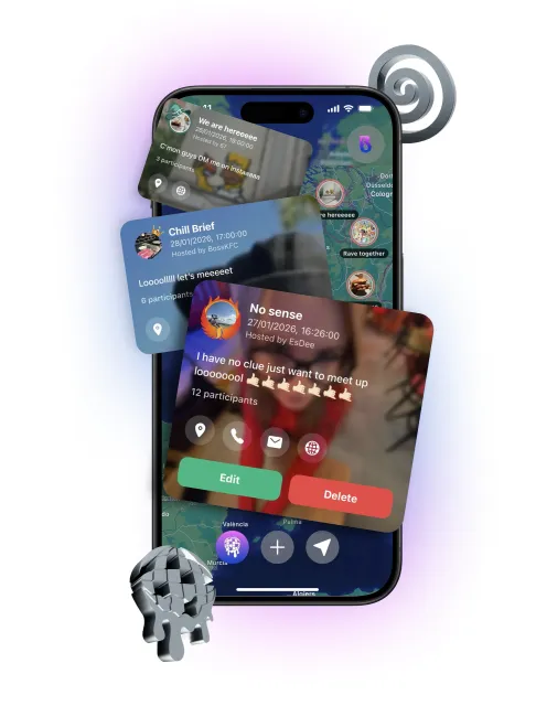 Event cards over the map with host, time, participants and contact actions