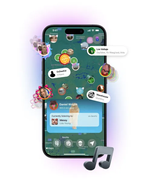 Map of people nearby, one card showing what a user is listening to
