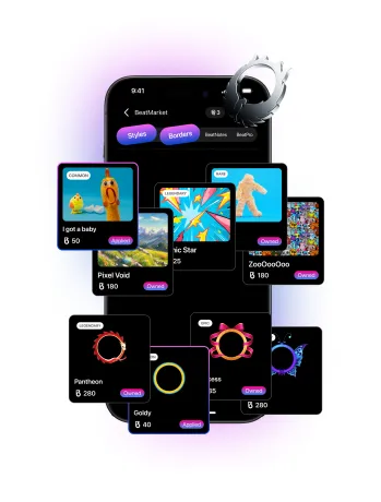 BeatMarket grid of profile styles and borders with rarity and prices