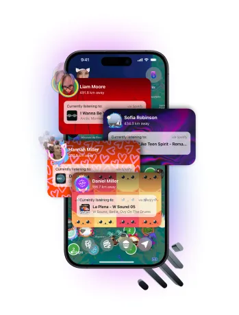 Stacked user cards each showing the track they are playing
