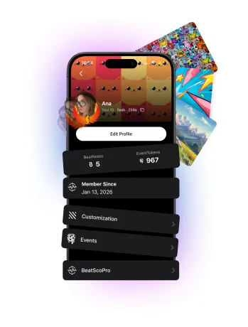 Profile with BeatNotes and event token balances and settings