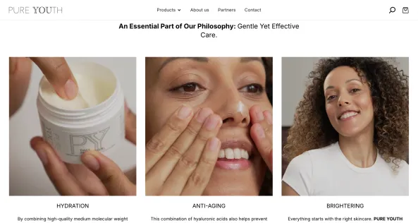 Philosophy section with hydration, anti-aging and brightening
