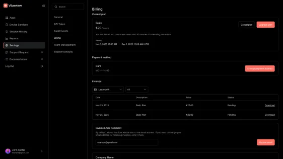 Billing: current plan, payment method and invoices