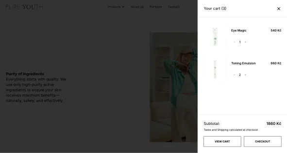 Cart drawer with quantities, subtotal and checkout