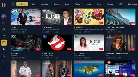 Channels grid with genre filters and live badges