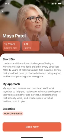 Coach profile with bio, approach and booking