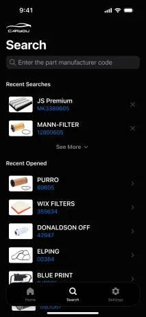 Parts search in dark mode