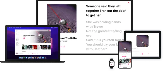 Music app on laptop, TV, tablet, phone and watch with lyrics