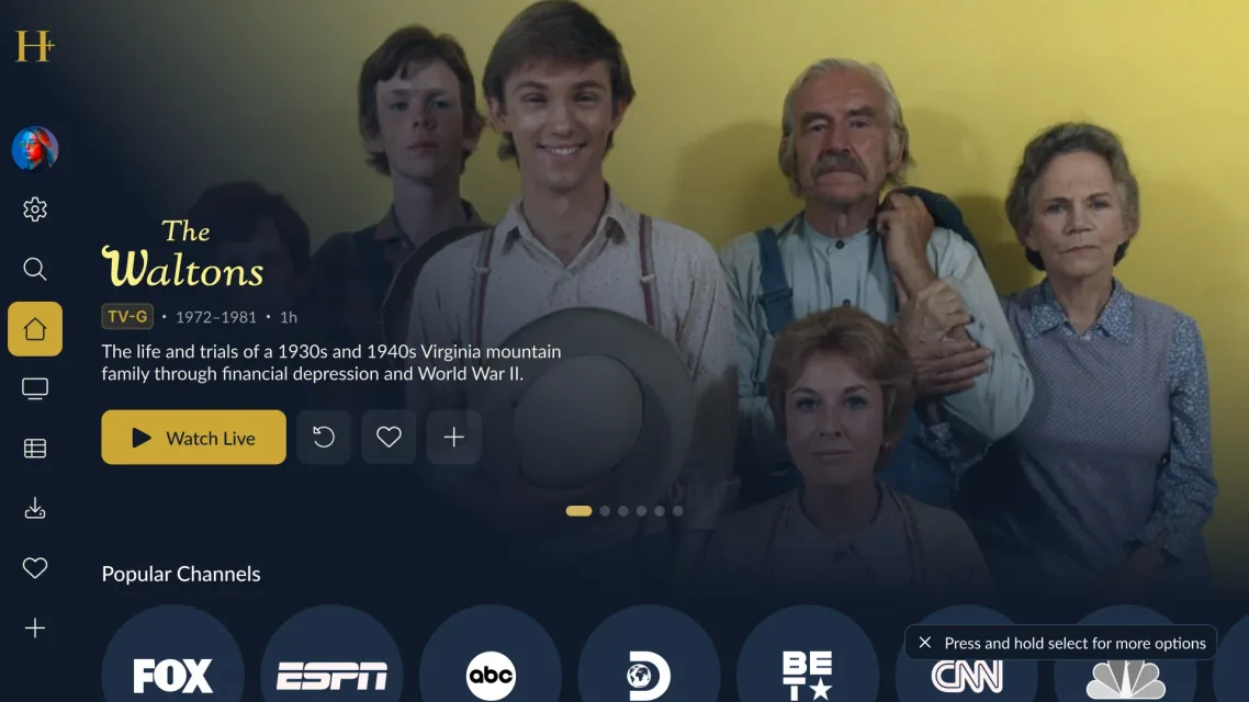 Home with a live hero and a rail of popular channels