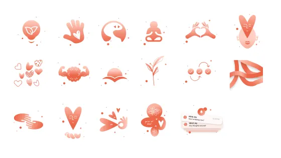 Illustration set: hands, hearts, a meditating figure, a growing plant, check-ins and a reminder notification