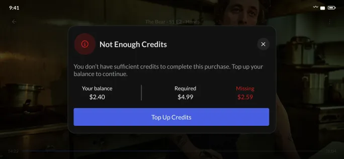 Not enough credits, with balance, required and missing amounts