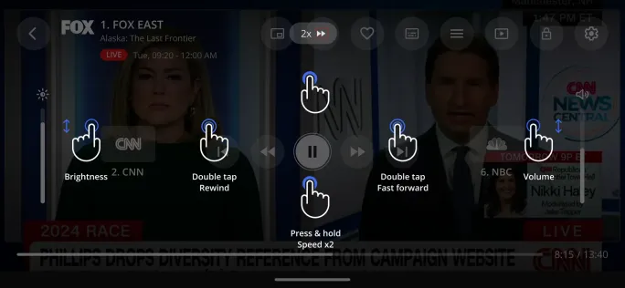 Player gesture guide: brightness, volume, double tap and press and hold