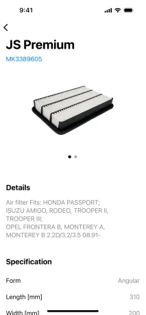 Car part with manufacturer code and fitting models