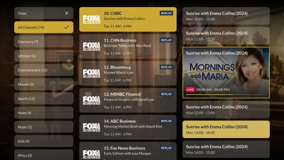 Channel list by category over the player