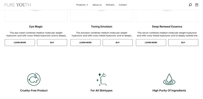 Product cards with learn more and buy, and trust icons
