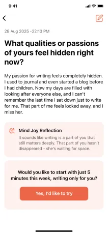 Saved entry with a Mind Joy reflection and a small next step
