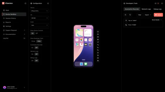 Device sandbox: configuration, the device, and developer tools with recorded steps
