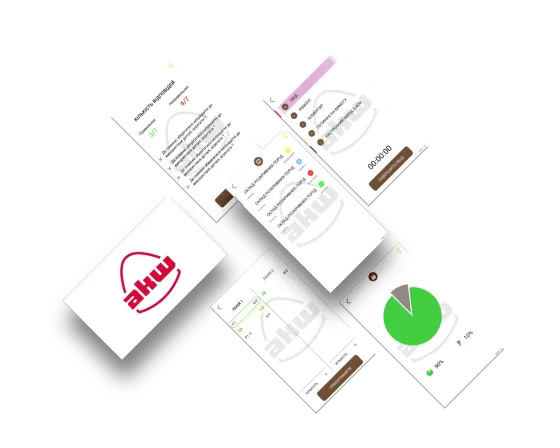 AKW app screens: line overview, task statuses, timers and a test result chart