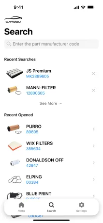 Parts search with recent searches