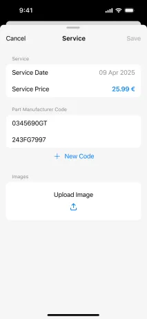 Service entry with part codes and images
