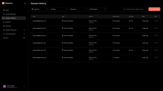 Session history table with filters and CSV export