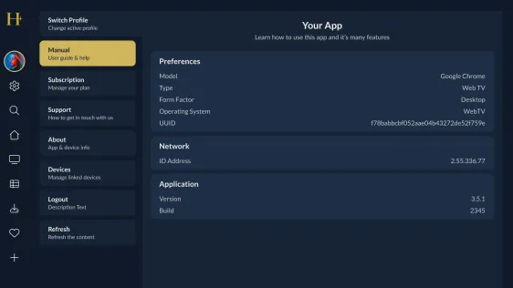 Settings with device, network and app details