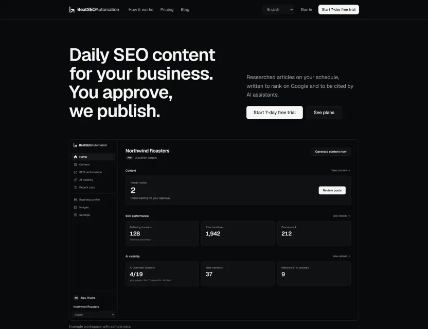 Website hero: Daily SEO content for your business. You approve, we publish.