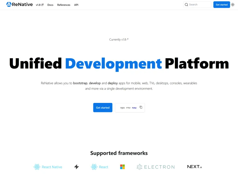First screen: Unified Development Platform, Get started, the npx rnv new command and the supported frameworks