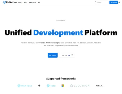 First screen: Unified Development Platform, Get started, the npx rnv new command and the supported frameworks