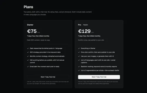 Plans: Starter and Pro, both with a free trial