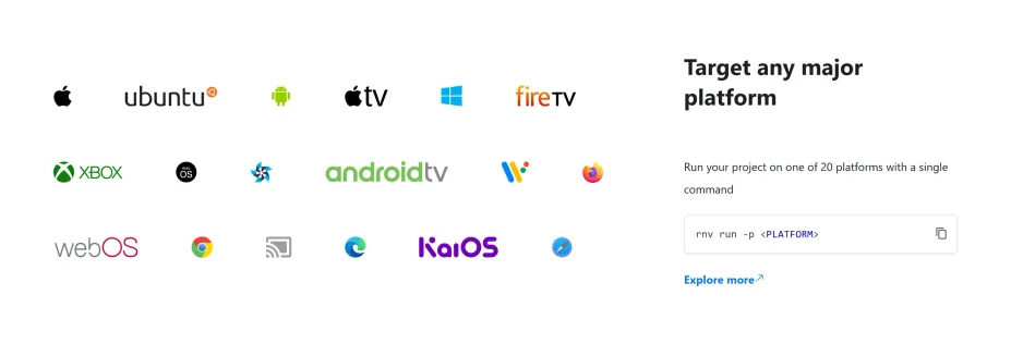 Target any major platform: platform logos and the rnv run command