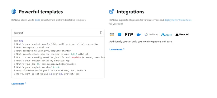 Powerful templates and Integrations, with a terminal sample and service logos