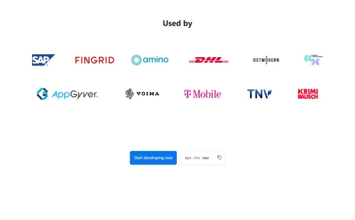 Used by: company logos, then Start developing now with the command