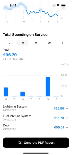 Spending on service by period, with a PDF report