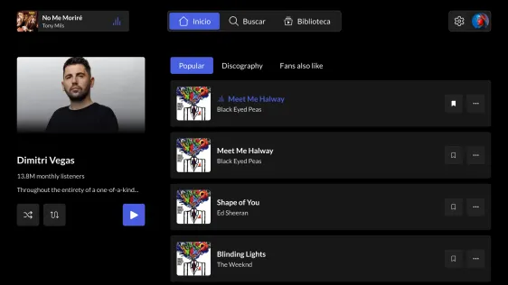 Artist page with popular tracks and discography tabs