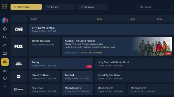 Programme guide with date, list and genre filters