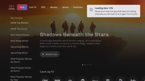TV hub with content categories, catch-up TV and a loading notice