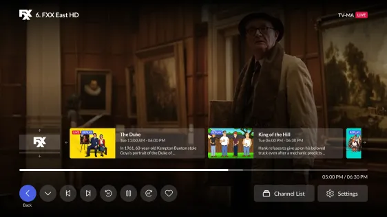 Live player with upcoming programmes and channel list