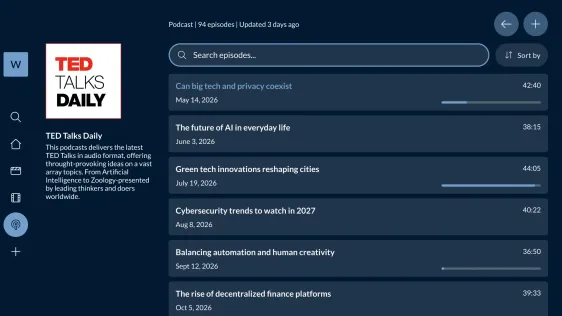 Podcast page with episode search and progress