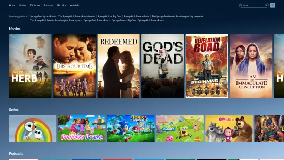 Search results grouped by movies, series and podcasts