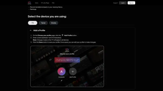 Tutorial page with device tabs for TV, tablet and mobile