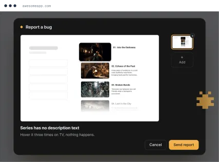 Report a bug dialog in a web app with a screenshot